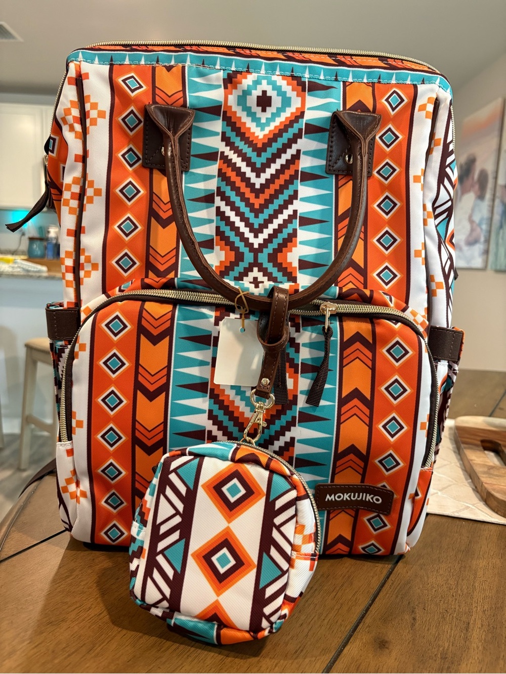 Orange & Teal Aztec Pattern Women's Backpack/Diaper bag